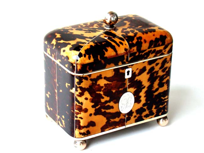 A Classical English Regency Period silver and ivory mounted Tortoiseshell Double Tea Caddy Box circa 1810.